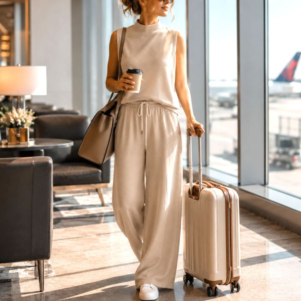 NWT Travel Lounge Set, Soft, Mock Neck, Wide Leg Pants, Beige L Samppeel